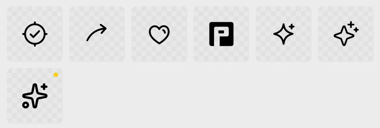 A Brand kit folder mixing imported SVGs (the Picket mark, a hand-drawn heart, an arrow and a check stamp) with sparkle icons from the catalog.