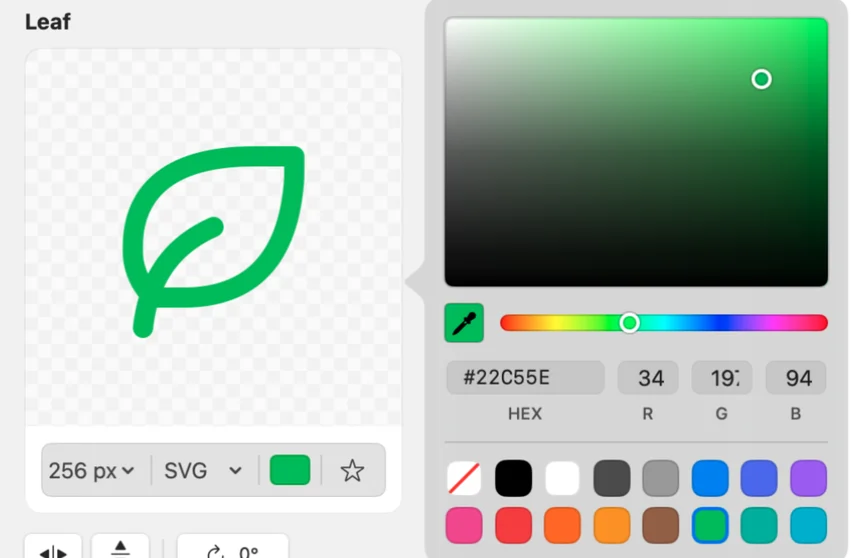 Picket's colour picker open beside the Preview panel: a Tabler leaf recoloured to #22C55E, with presets and RGB values.
