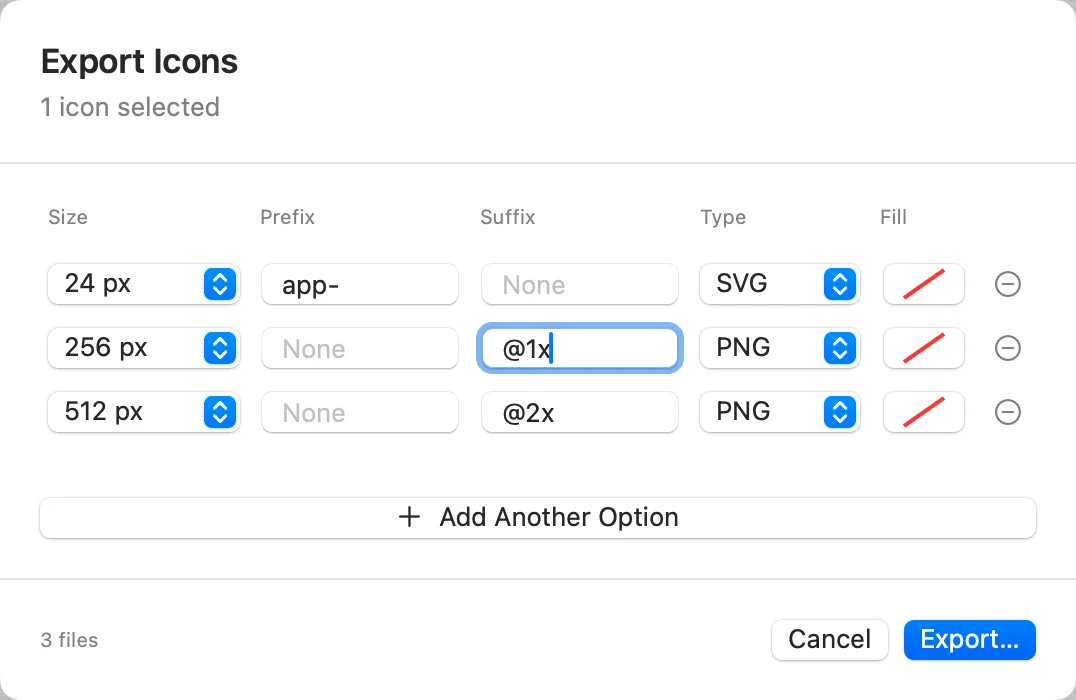 Picket's Export Icons sheet with three rows: 24 px SVG with prefix “app-”, 256 px PNG with suffix “@1x”, and 512 px PNG with suffix “@2x”.
