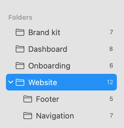 Picket's sidebar folders: Brand kit, Dashboard, Onboarding, and an expanded Website folder containing Footer and Navigation.