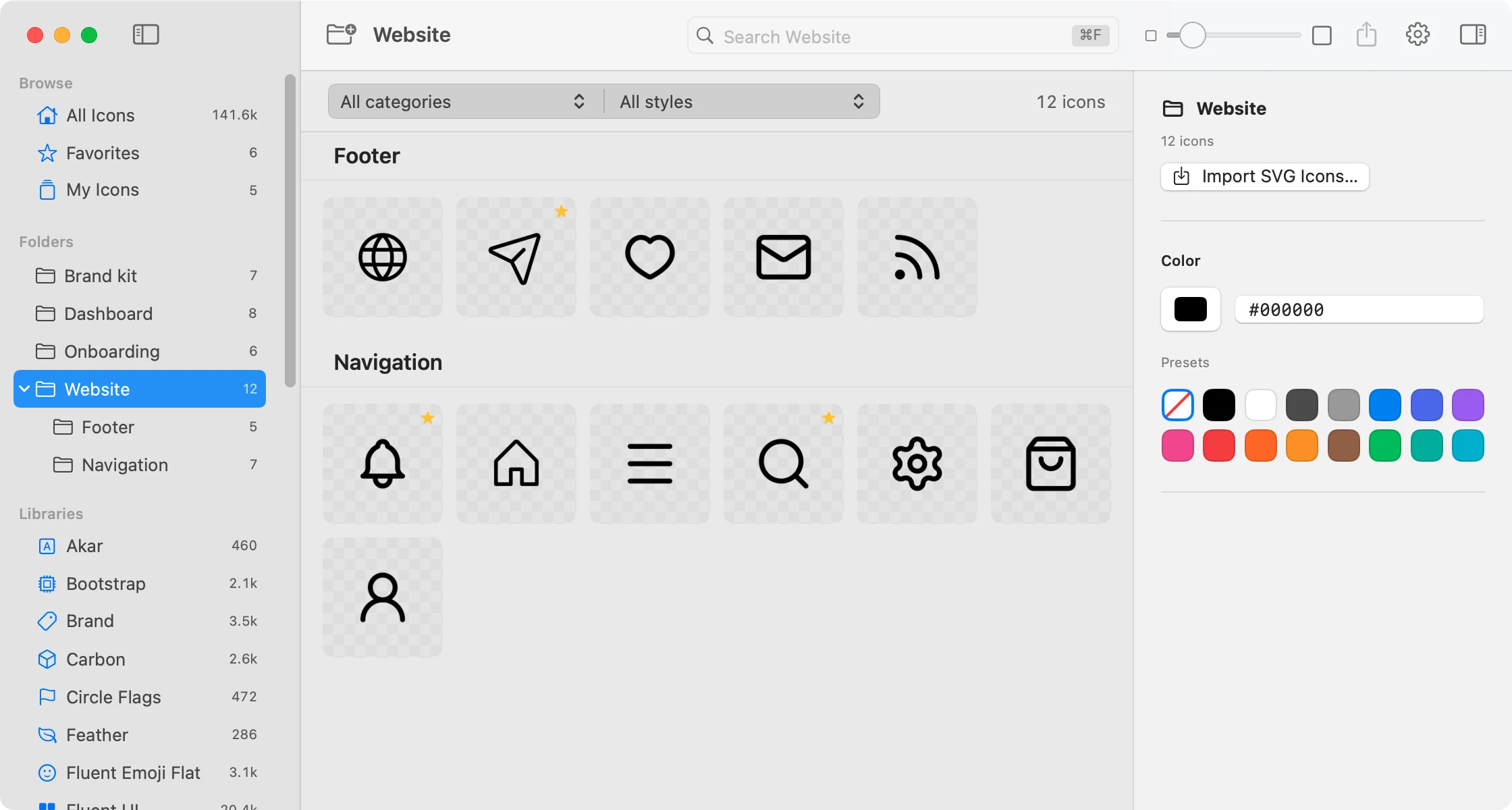 Picket's Website folder, grouped into Footer and Navigation subfolders, with icons from several libraries and stars marking favorites. The sidebar lists Brand kit, Dashboard, Onboarding and Website folders.