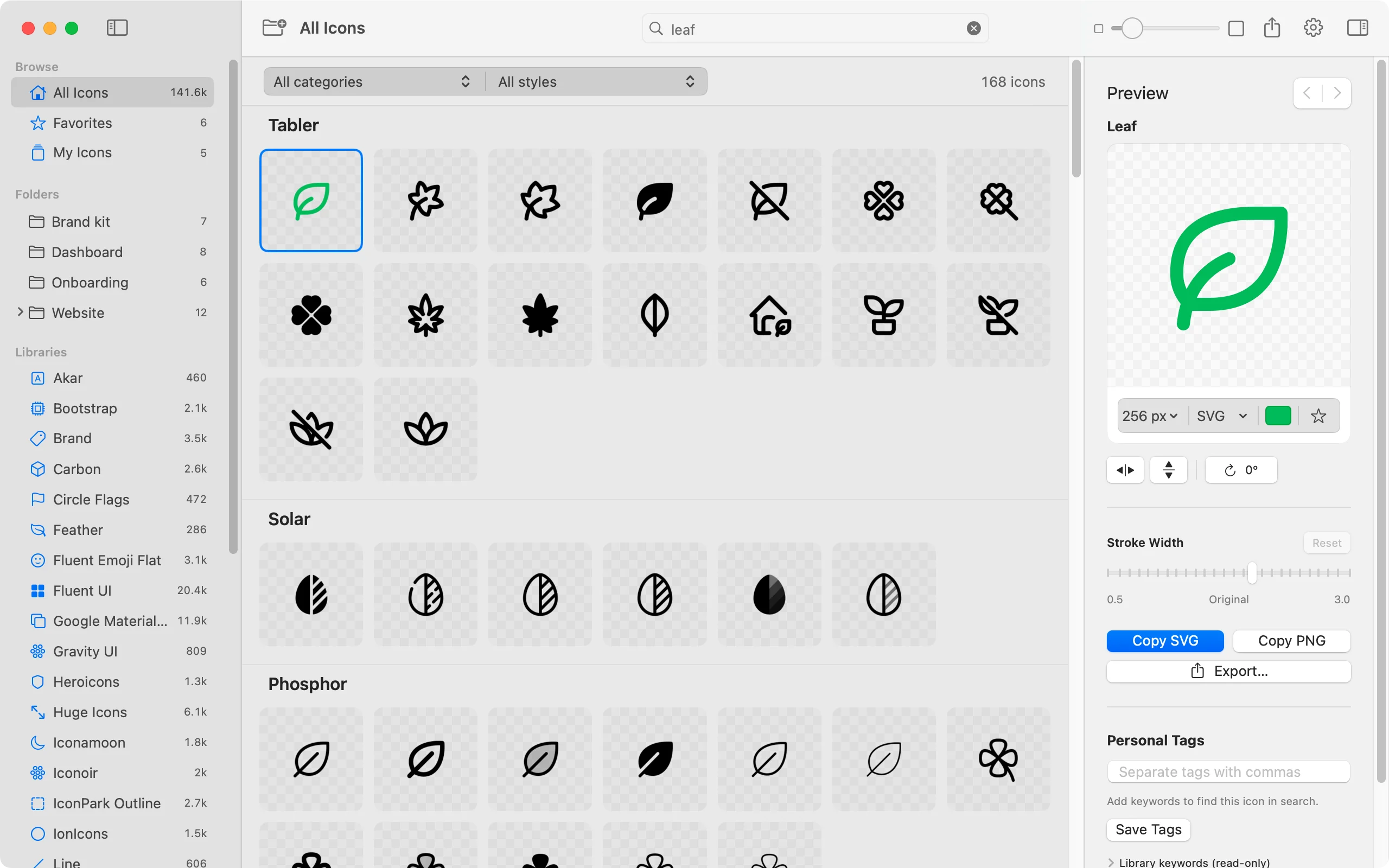 Picket's main window. A search for “leaf” shows matching icons from Tabler, Solar and Phosphor. The selected Tabler leaf is coloured green in the Preview panel, beside flip, rotate, stroke width, Copy SVG, Copy PNG and Export controls.