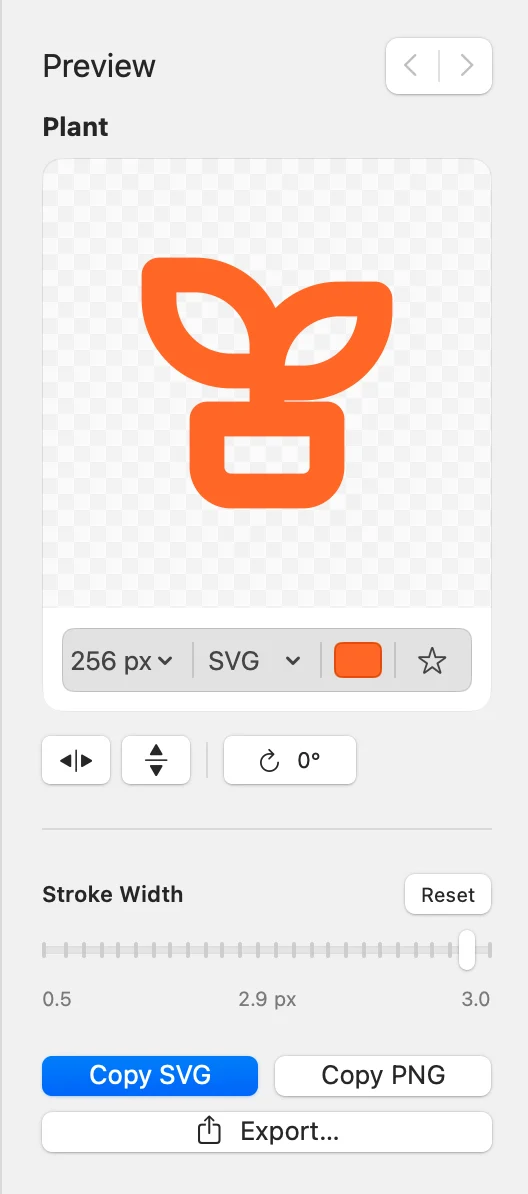 Picket's Preview panel: an orange plant icon with stroke width raised to 2.9 px, a Reset button, and Copy SVG, Copy PNG and Export buttons.