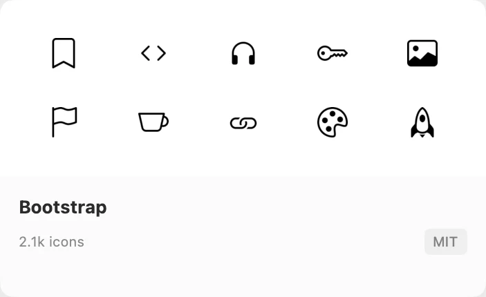 The Bootstrap library card: ten sample icons including a bookmark, headphones, a palette and a rocket, 2.1k icons, MIT license.