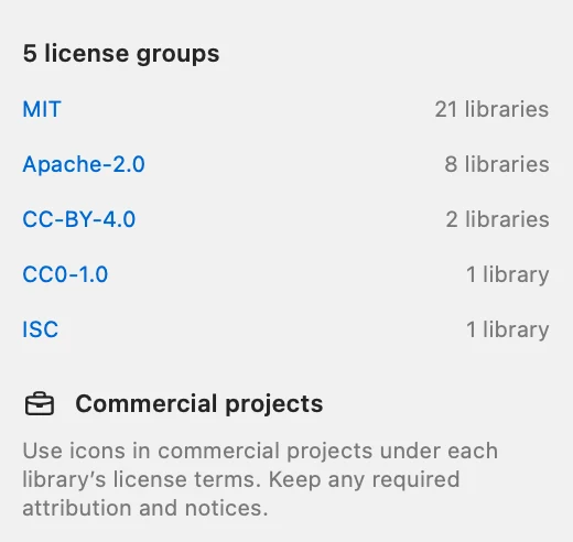 Picket's library summary: 5 license groups (MIT, Apache-2.0, CC-BY-4.0, CC0-1.0, ISC) and a note on commercial projects.