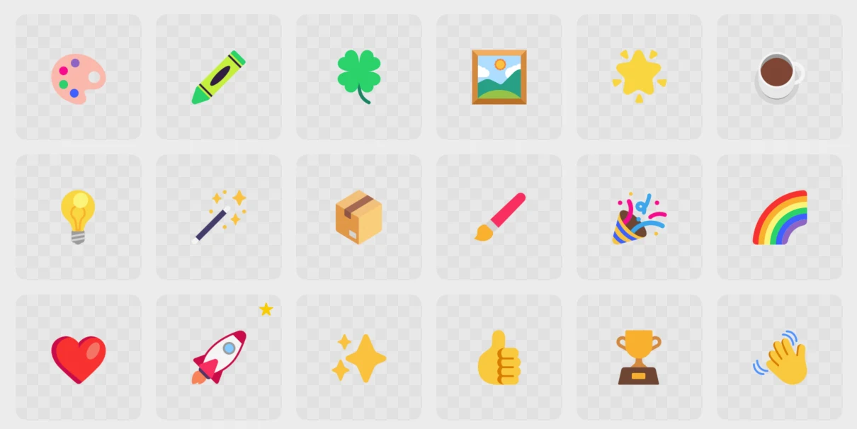 A folder of 18 Fluent emoji in their original colours, including an artist palette, crayon, four-leaf clover, light bulb, rainbow, red heart, rocket, trophy and waving hand.