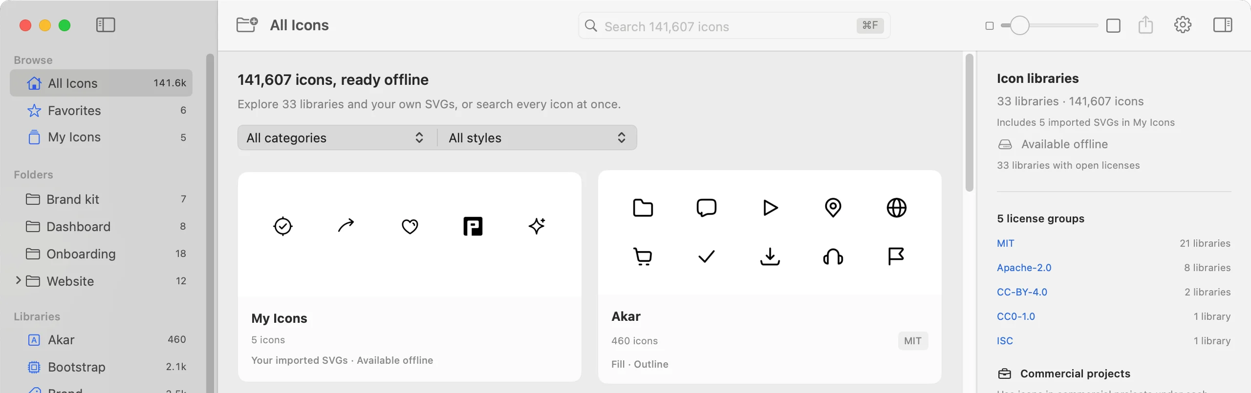 Picket's All Icons overview: “141,607 icons, ready offline”, category and style filters, library cards for My Icons and Akar, and a side panel summarising 33 libraries in 5 license groups.
