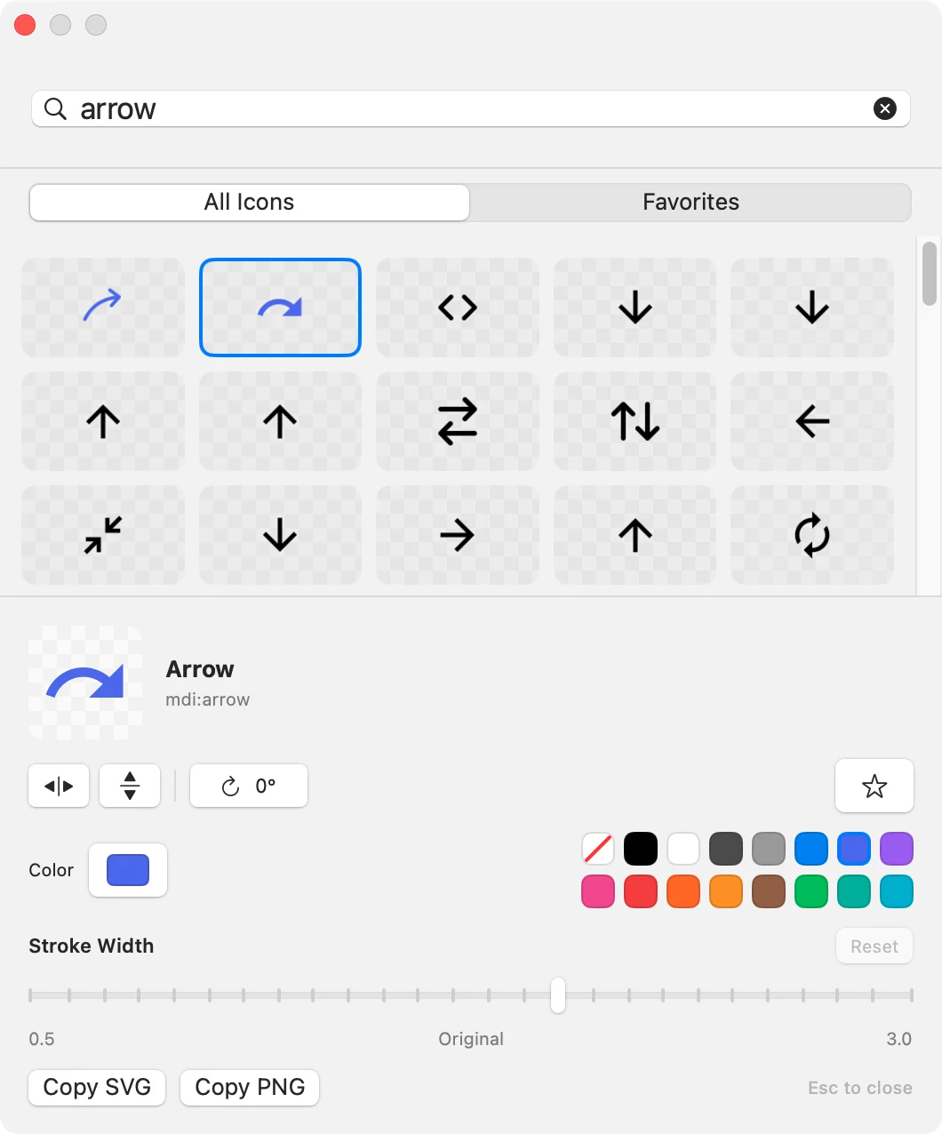 Picket's Quick Panel: a search for “arrow”, a grid of results, the selected Material Design arrow coloured indigo, and buttons to copy SVG or PNG.